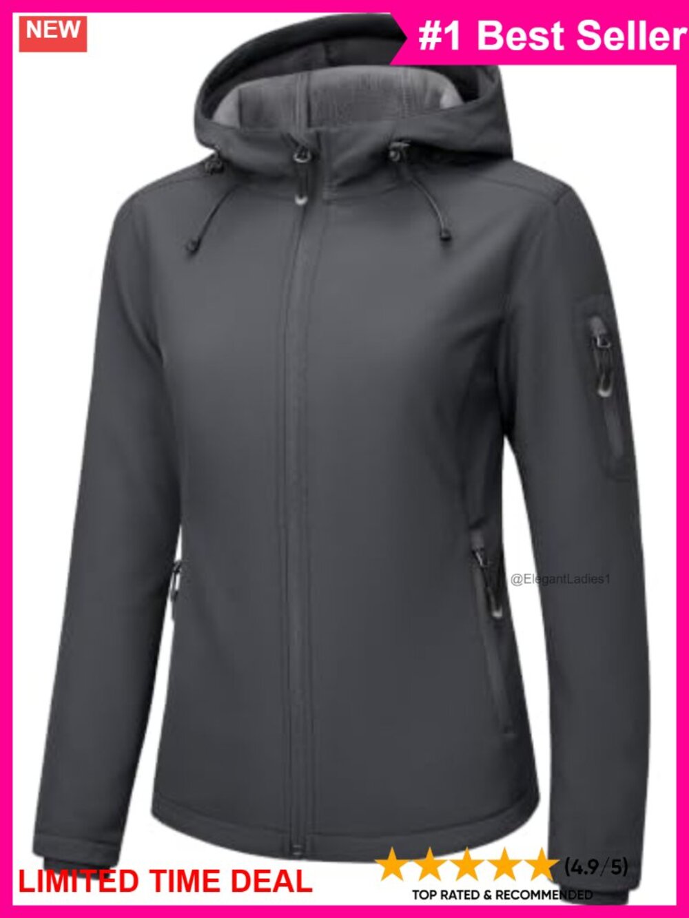 Womens Softshell Jacket Fleece Lined Water Resistant Hooded Coat